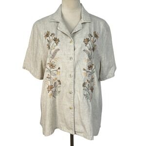 BonWorth Embroidered Linen Blend Button‎ Down Blouse Short Sleeve Petite Medium
